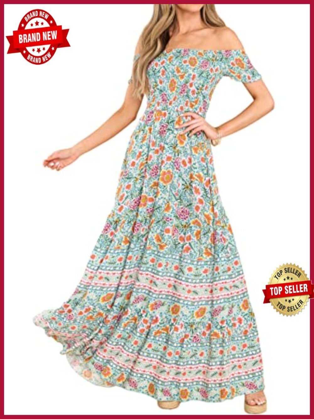Women's Maxi Off-Shoulder Dress Smocked Empire Waist Floral Boho Flowy